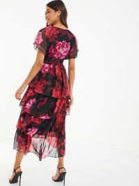 Vestido rojo estampado floral.