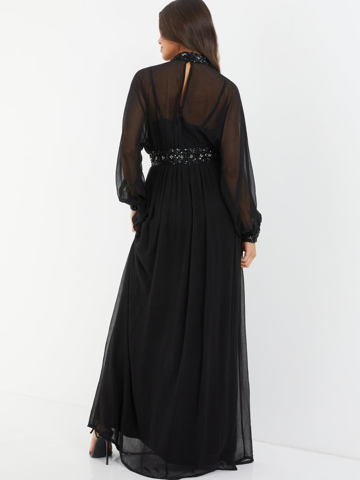 Maxi Vestido Halter Negro con Lentejuelas