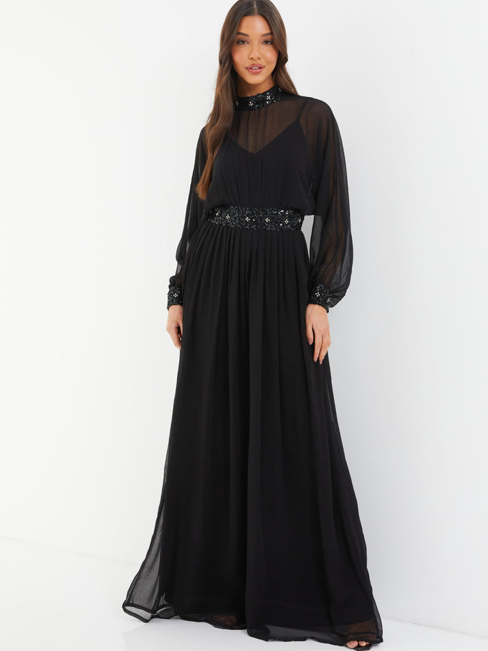 Maxi Vestido Halter Negro con Lentejuelas