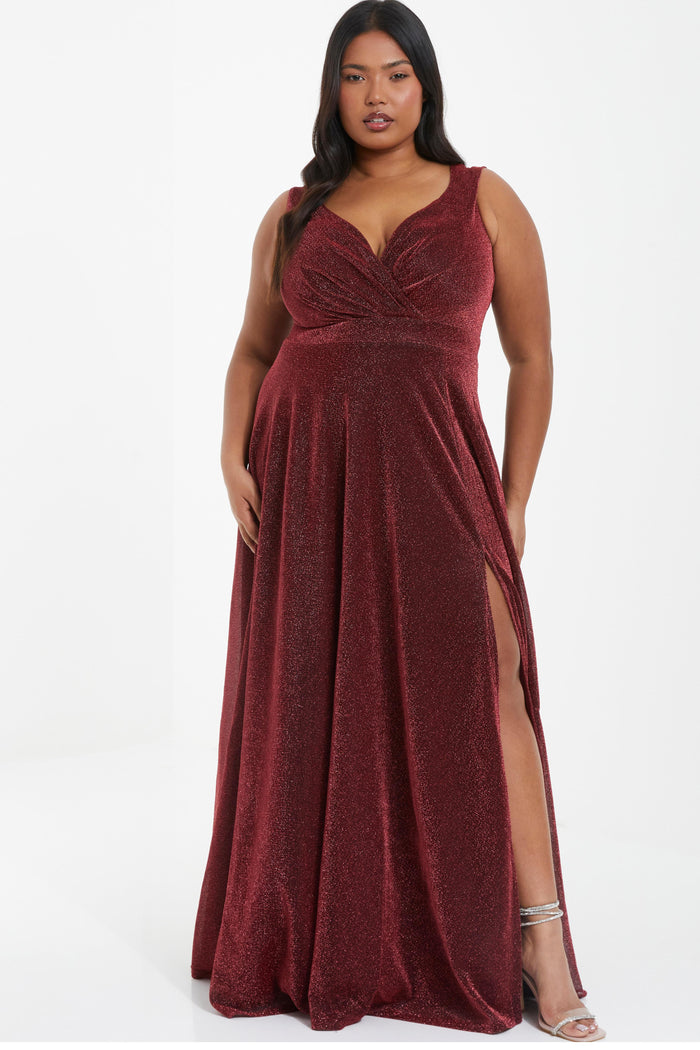 Plus Size Glitter Wrap Maxi DressBerry
