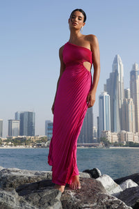 MAGENTA SATIN PLEATED ONE SHOULDER DRESS