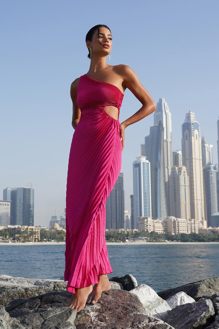 MAGENTA SATIN PLEATED ONE SHOULDER DRESS