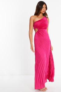 MAGENTA SATIN PLEATED ONE SHOULDER DRESS