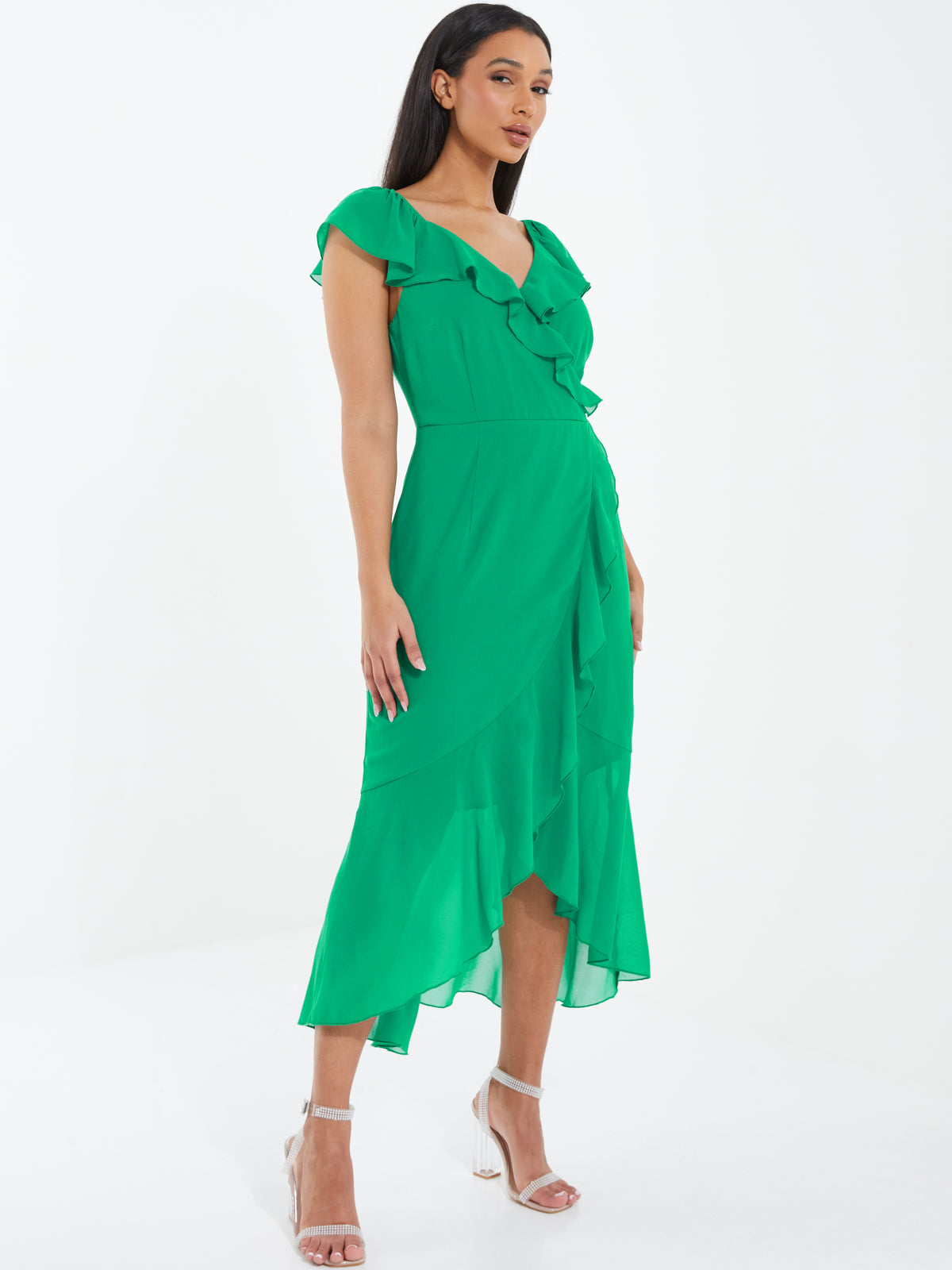 Vestido midi verde con volante