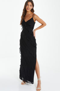 Maxi Vestido Negro Chiffon con Volantes